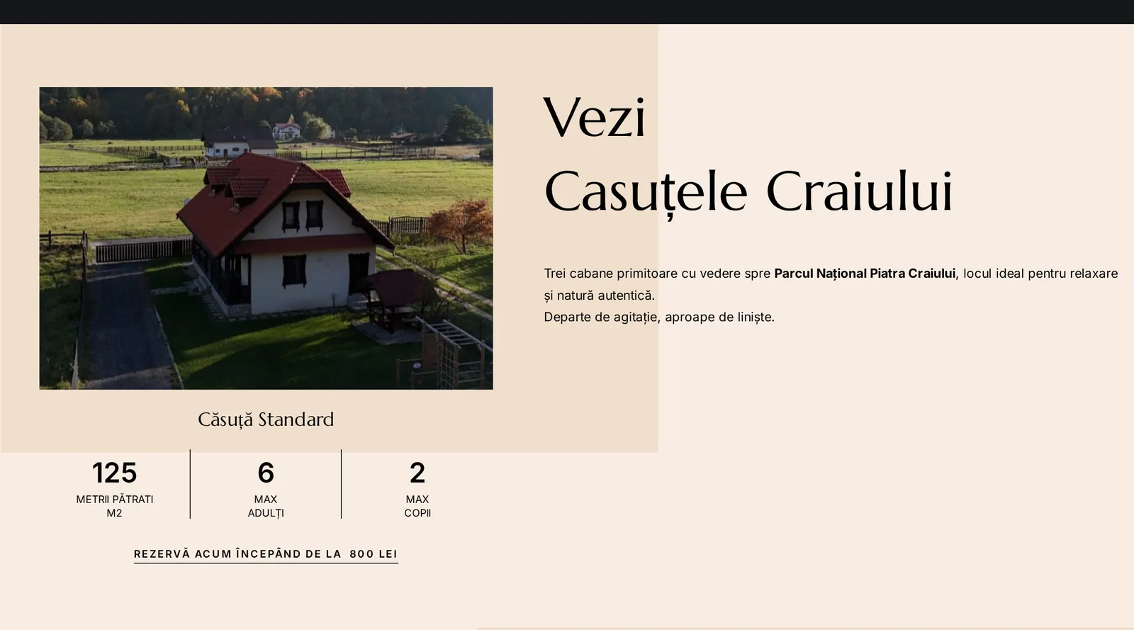 Secțiunea de prezentare a unei cabane, cu suprafață și capacitate