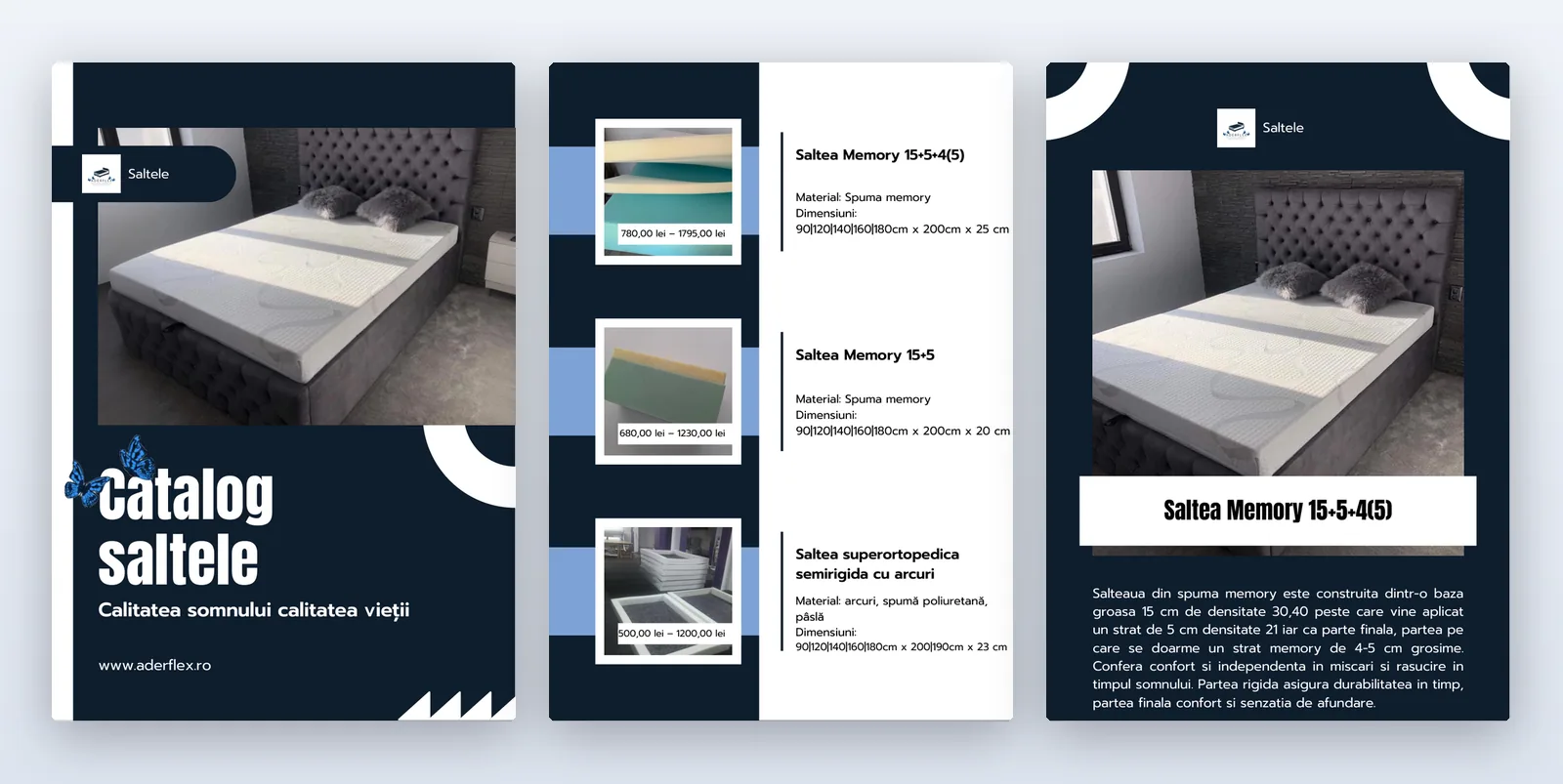 Coperta și două pagini din catalogul de saltele