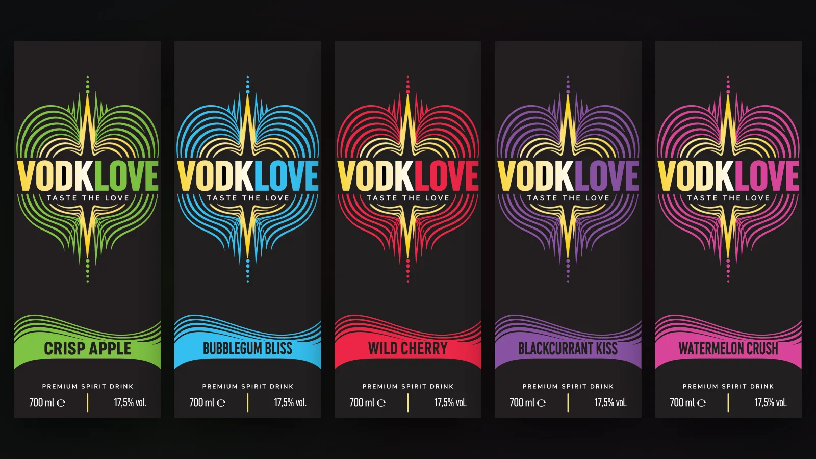 Cinci etichete Vodklove din seria cu inima din linii: măr, bubblegum, cireșe, coacăze negre și pepene