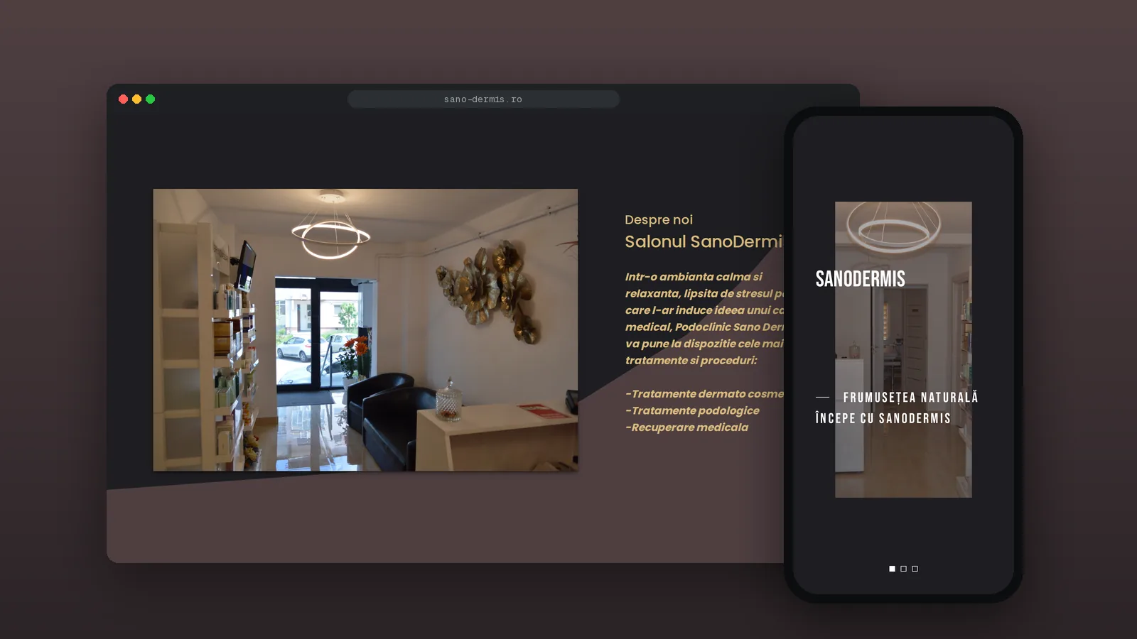Site-ul Sano Dermis pe desktop și pe telefon