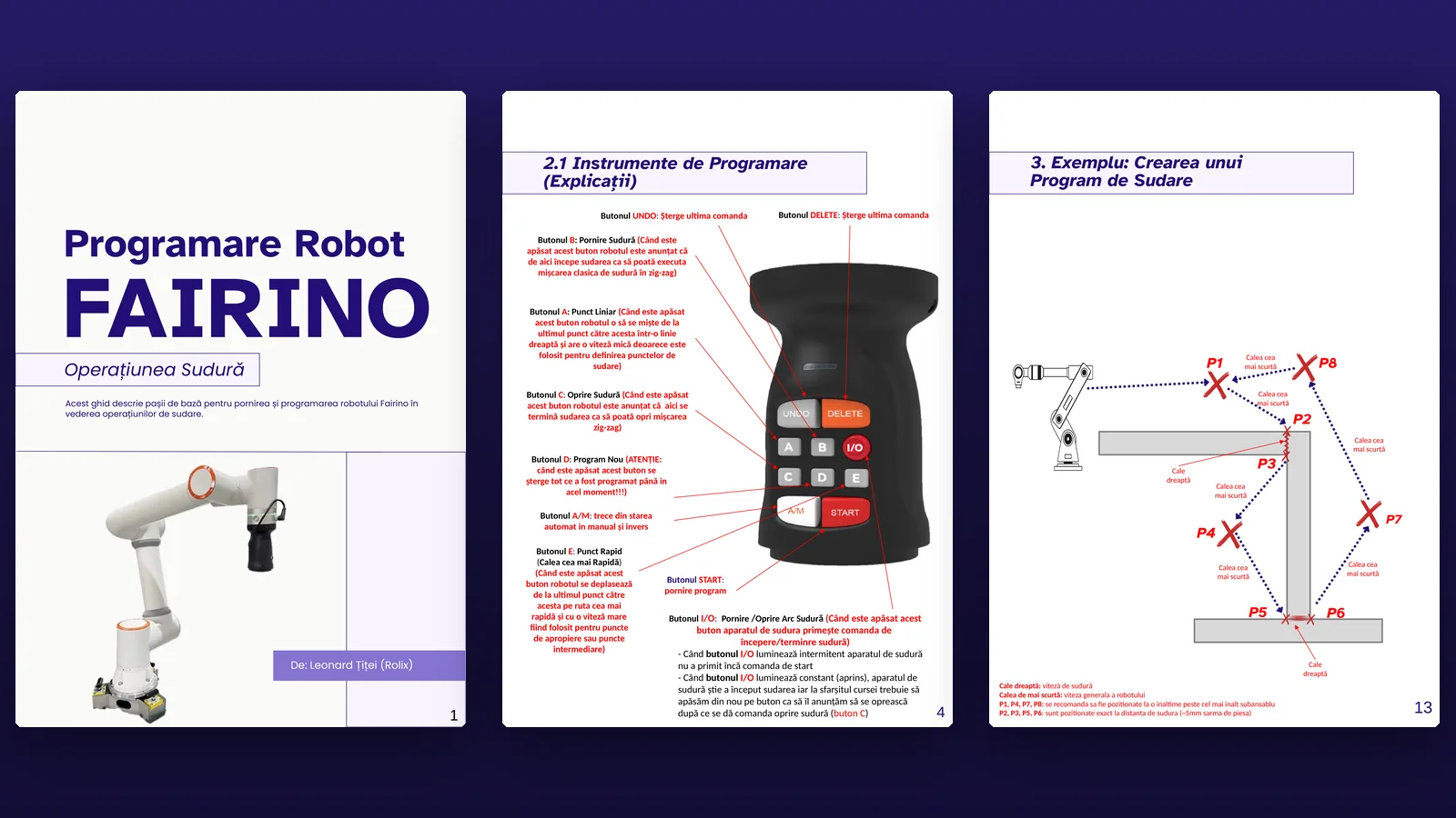 Trei pagini din manualul de programare pentru sudură al robotului Fairino