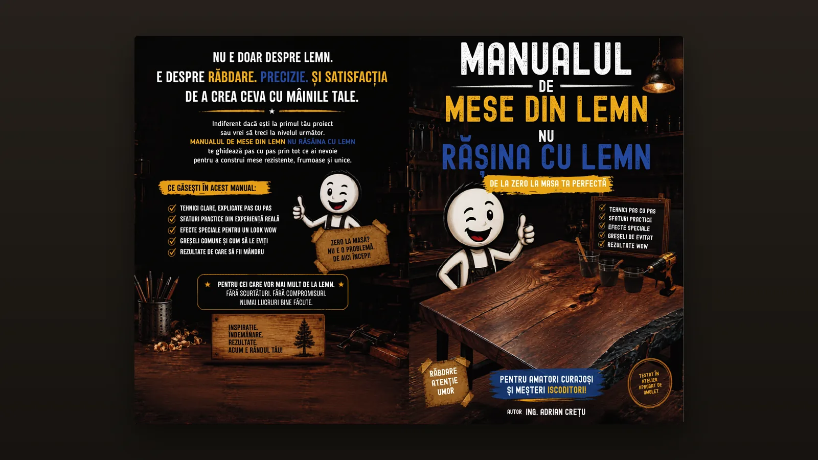 Coperta față-verso a manualului de mese din lemn și rășină