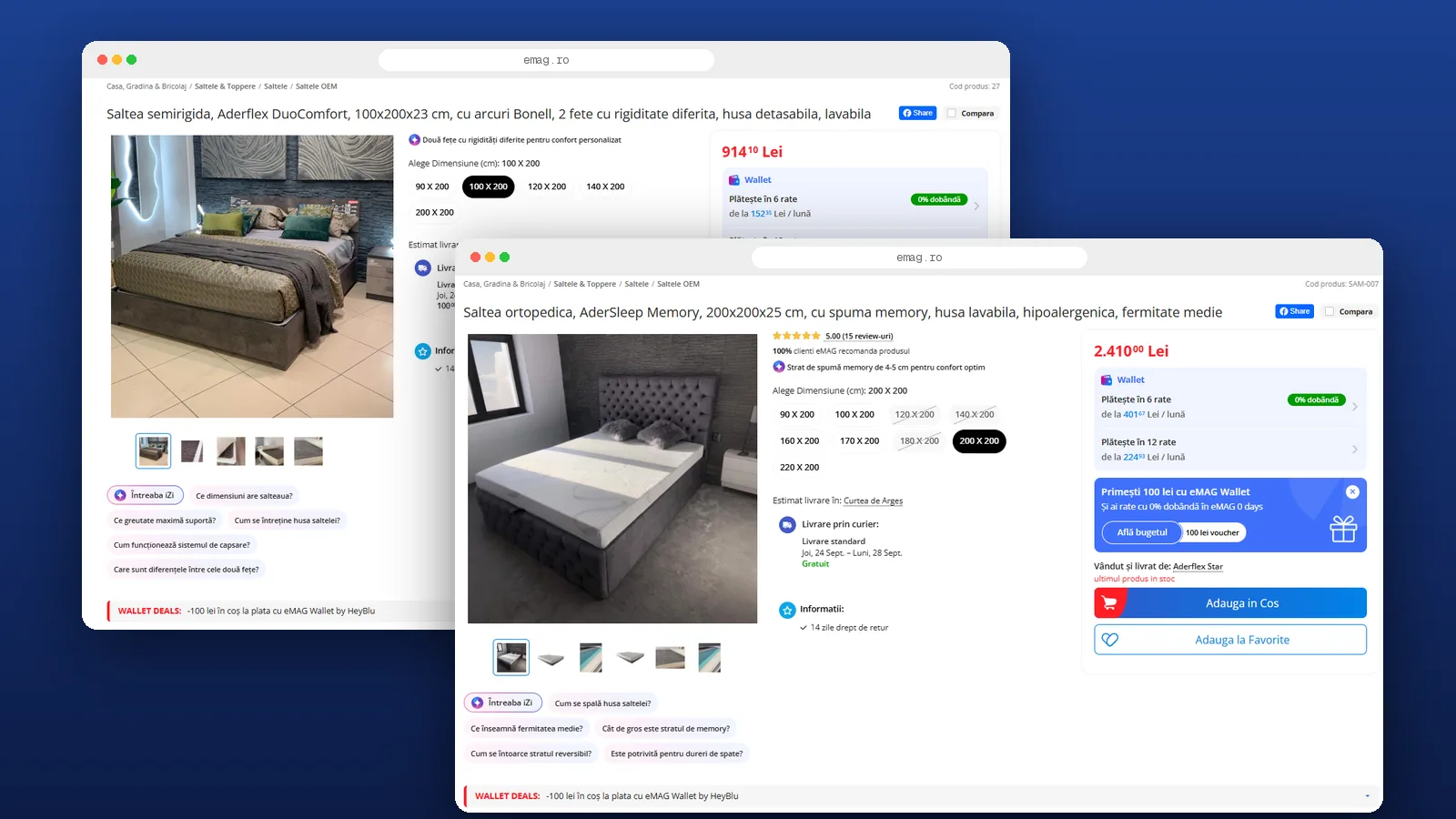 Două pagini de produs Aderflex pe eMAG, suprapuse