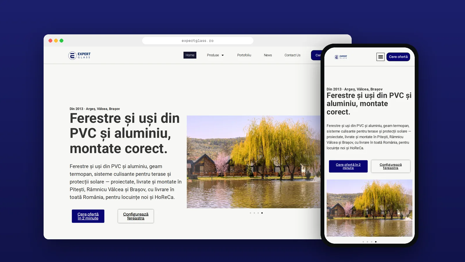 Site-ul Expert Glass pe desktop și pe telefon