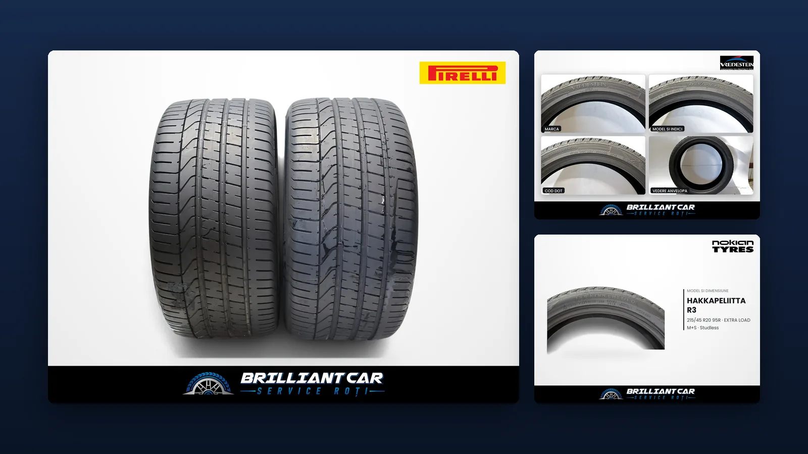 Trei imagini de anunț pentru anvelope Pirelli, Vredestein și Nokian, cu bara Brilliant Car