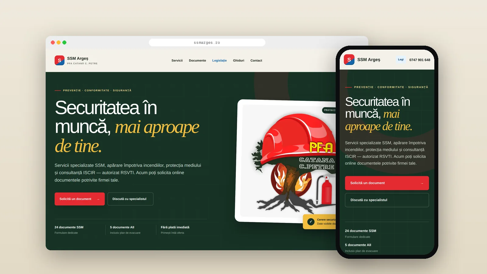 Site-ul SSM Argeș pe desktop și pe telefon