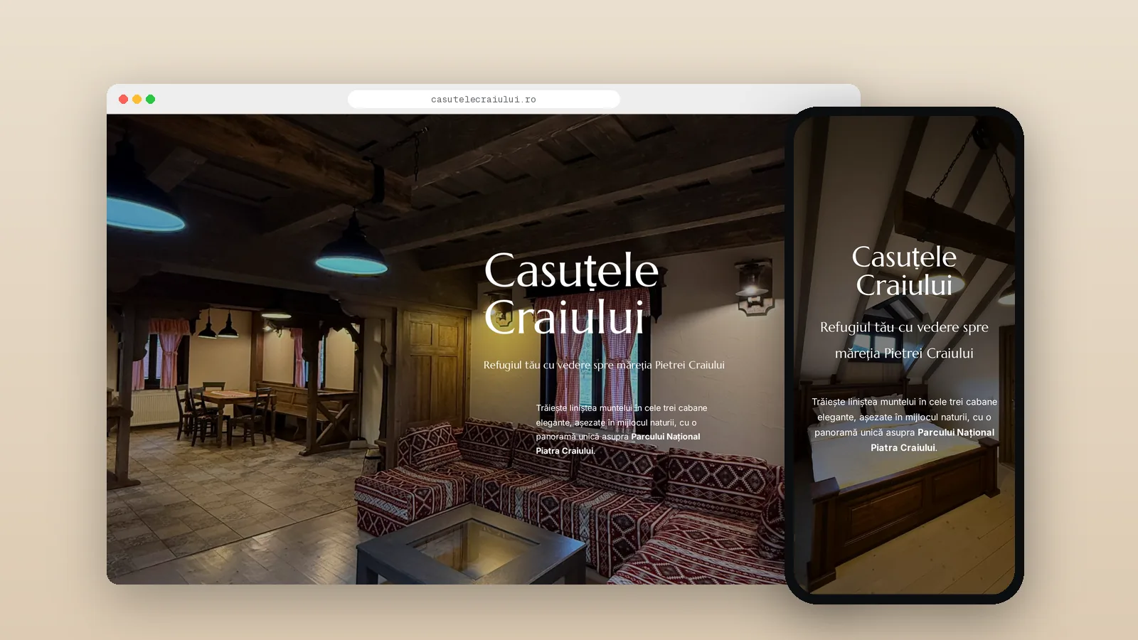 Site-ul Căsuțele Craiului pe desktop și pe telefon