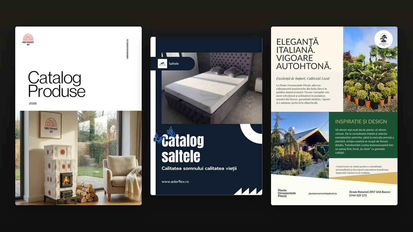 Copertele celor trei materiale: catalogul de sobe, catalogul de saltele și flyerul de pepinieră