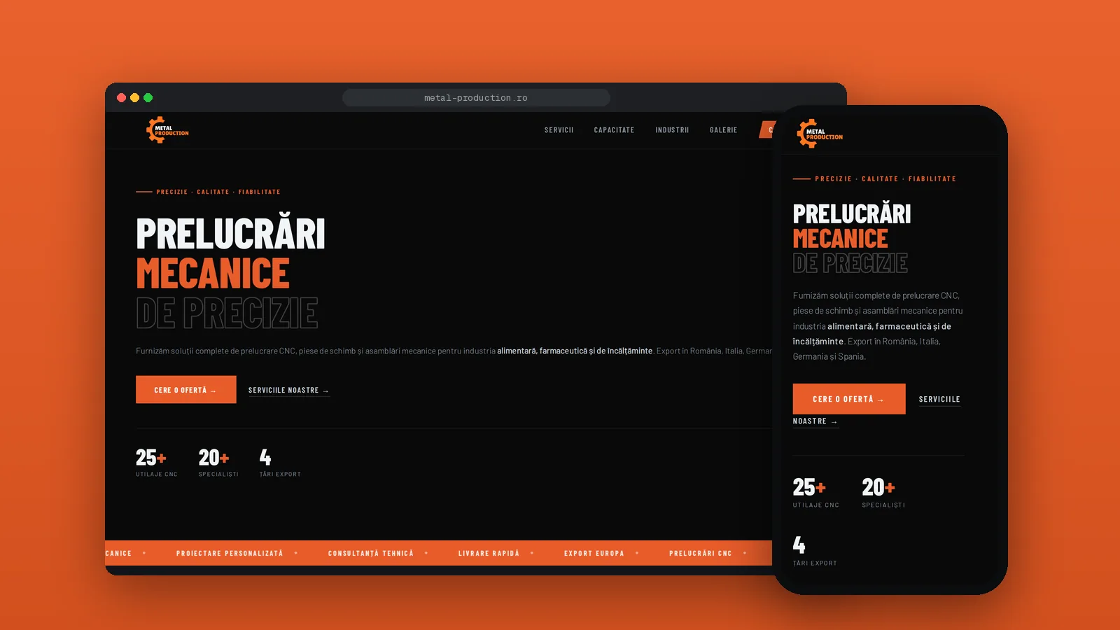Site-ul Metal Production pe desktop și pe telefon