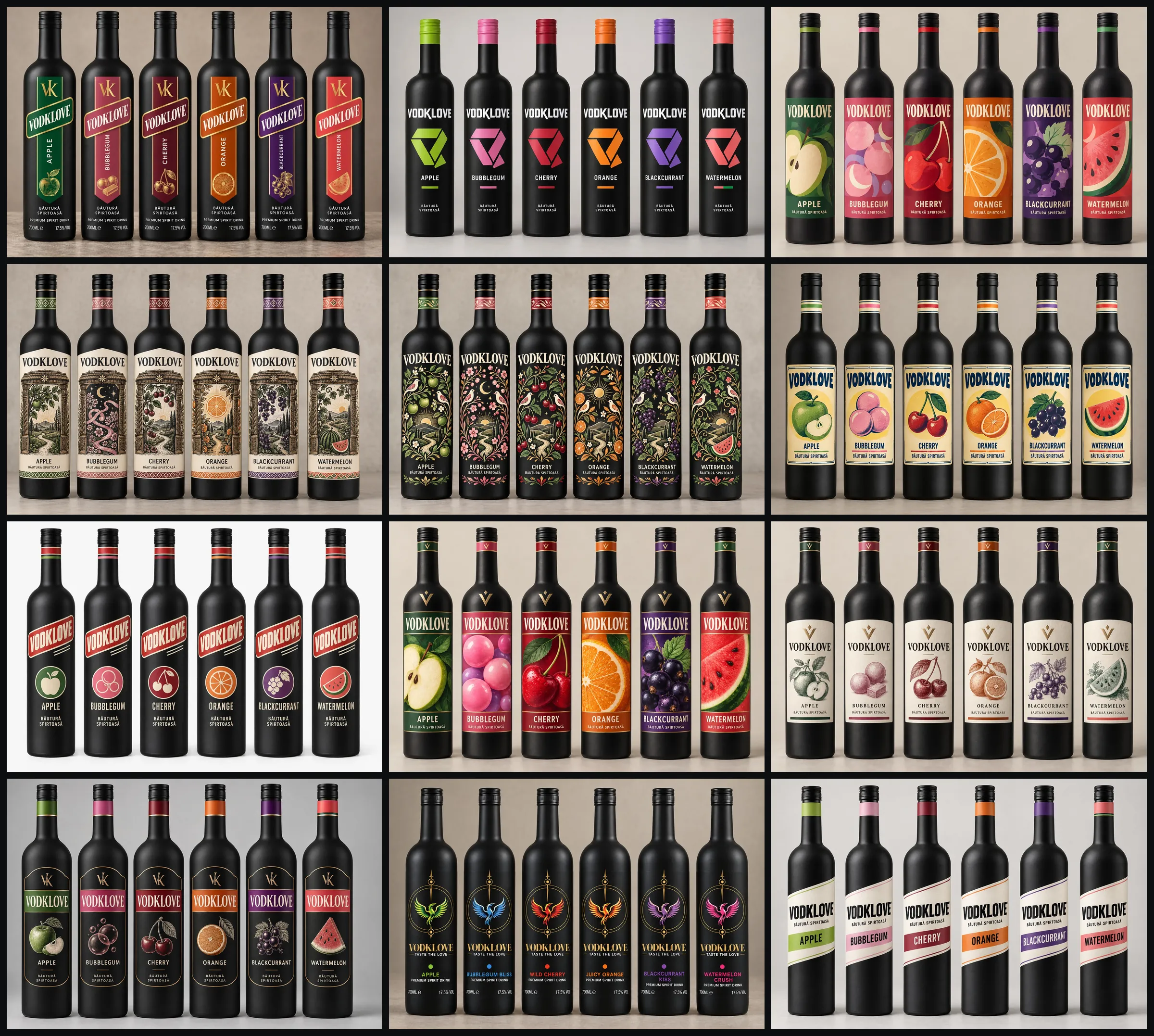 Douăsprezece variante de etichetă Vodklove, fiecare pe câte șase sticle negre, de la ilustrație populară și gravură la tipografie retro și monogramă aurie