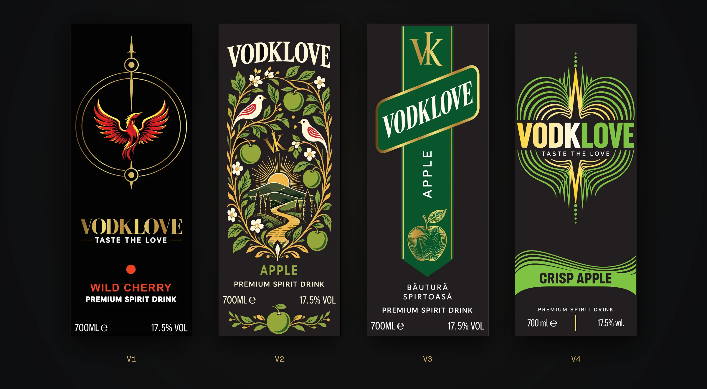 Patru variante ale etichetei Vodklove, una lângă alta: Phoenix în cerc auriu, ilustrație populară cu păsări, monogramă VK cu panglică verde și inima din linii