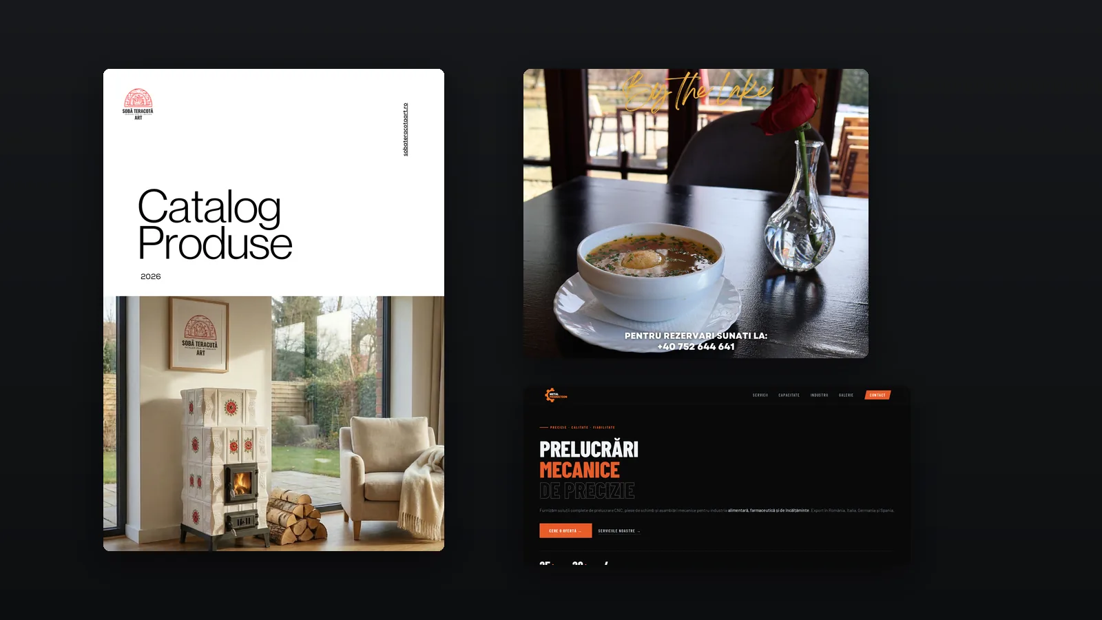 Logo-urile folosite: coperta unui catalog, o postare de social media și antetul unui site