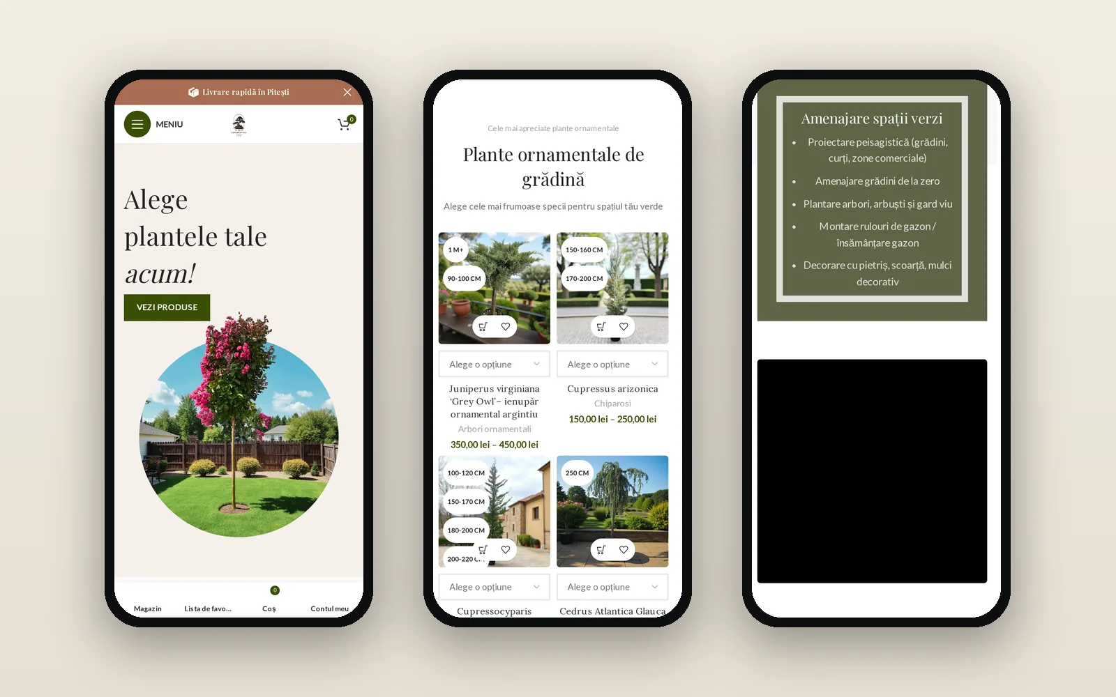 Trei ecrane ale magazinului pe telefon