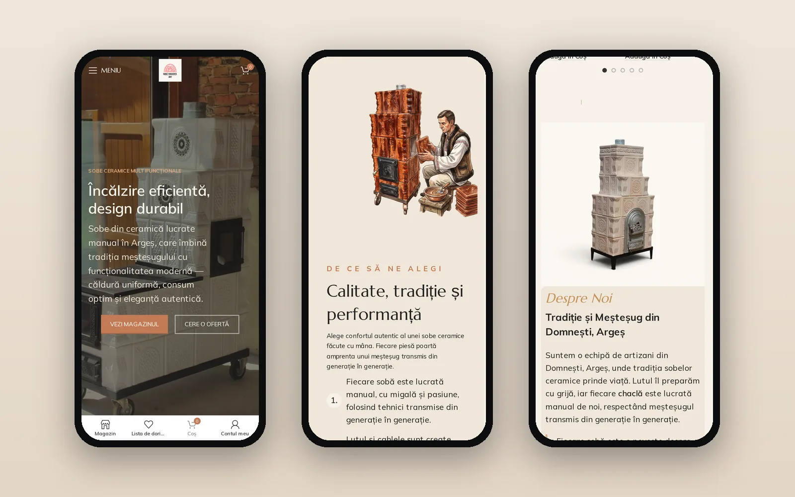 Trei ecrane ale site-ului pe telefon