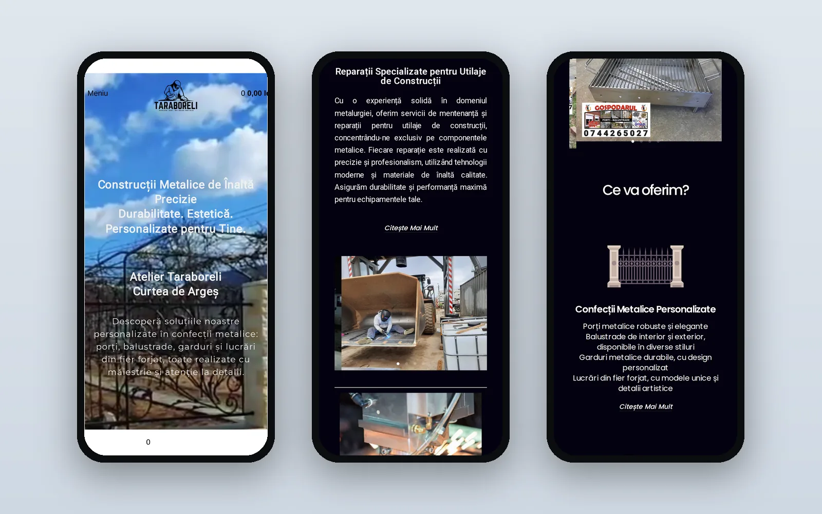 Trei ecrane ale site-ului pe telefon