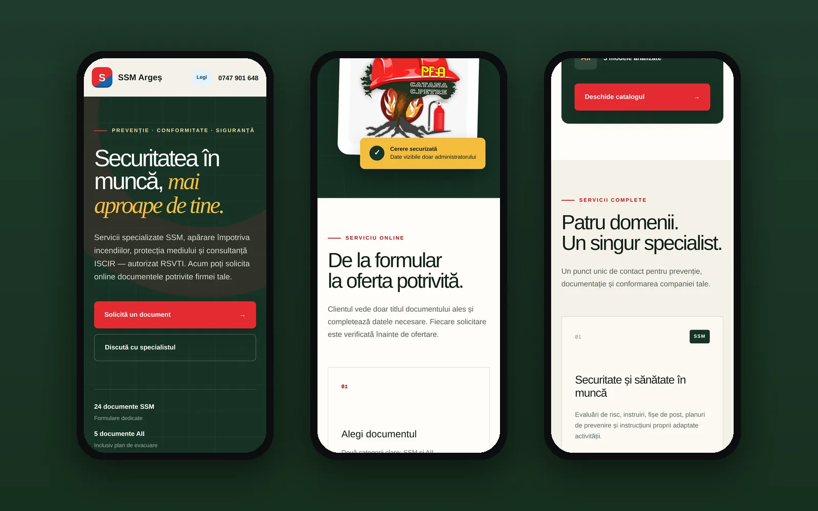 Trei ecrane ale site-ului pe telefon