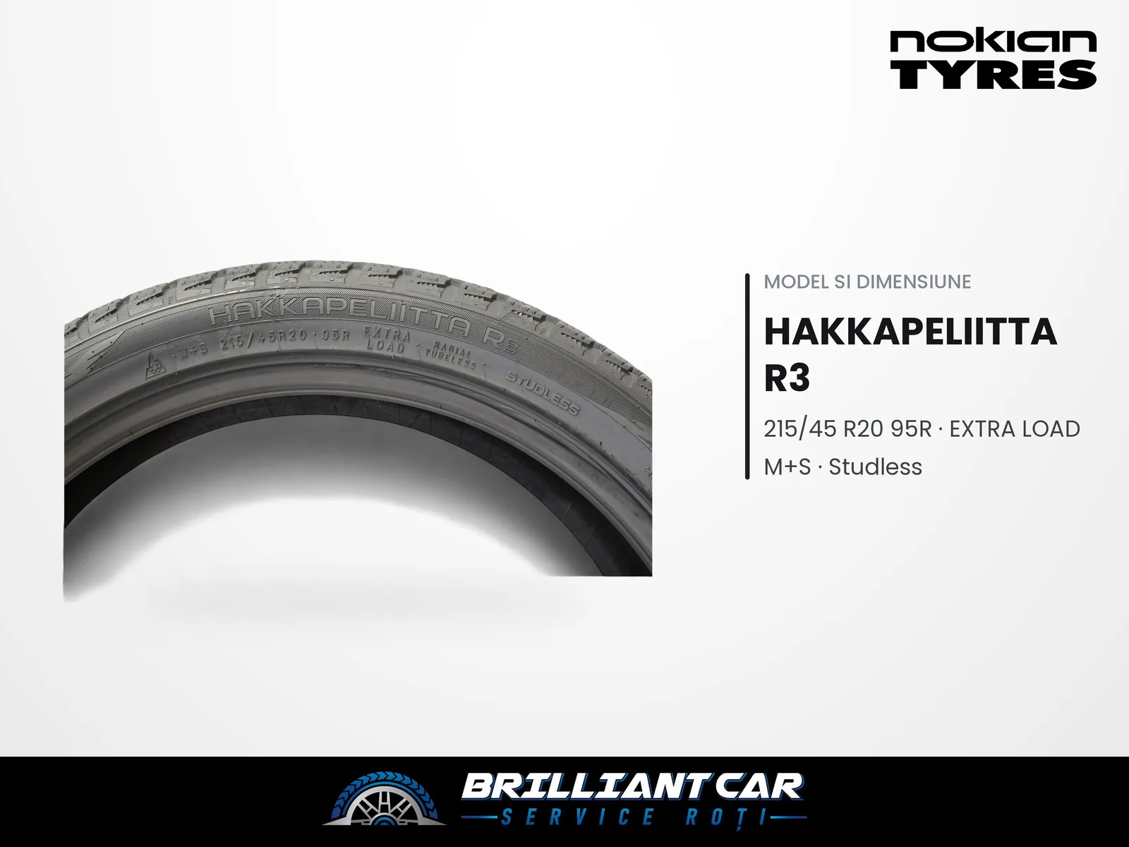 Detaliu Nokian Hakkapeliitta R3, cu modelul și dimensiunea