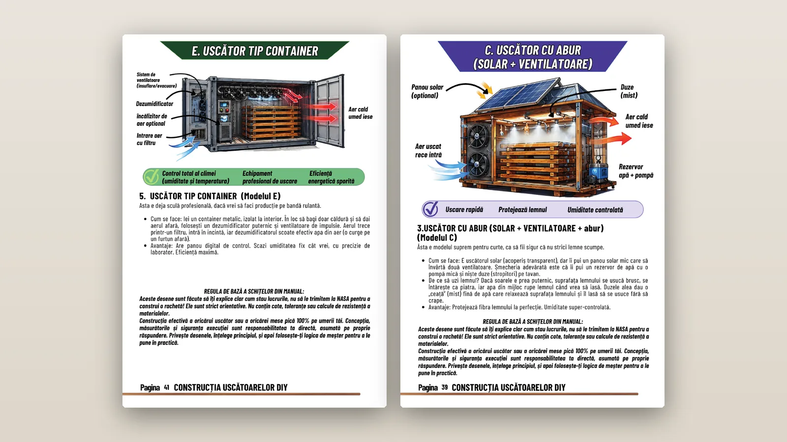 Pagini din manual: modele de uscătoare pentru lemn