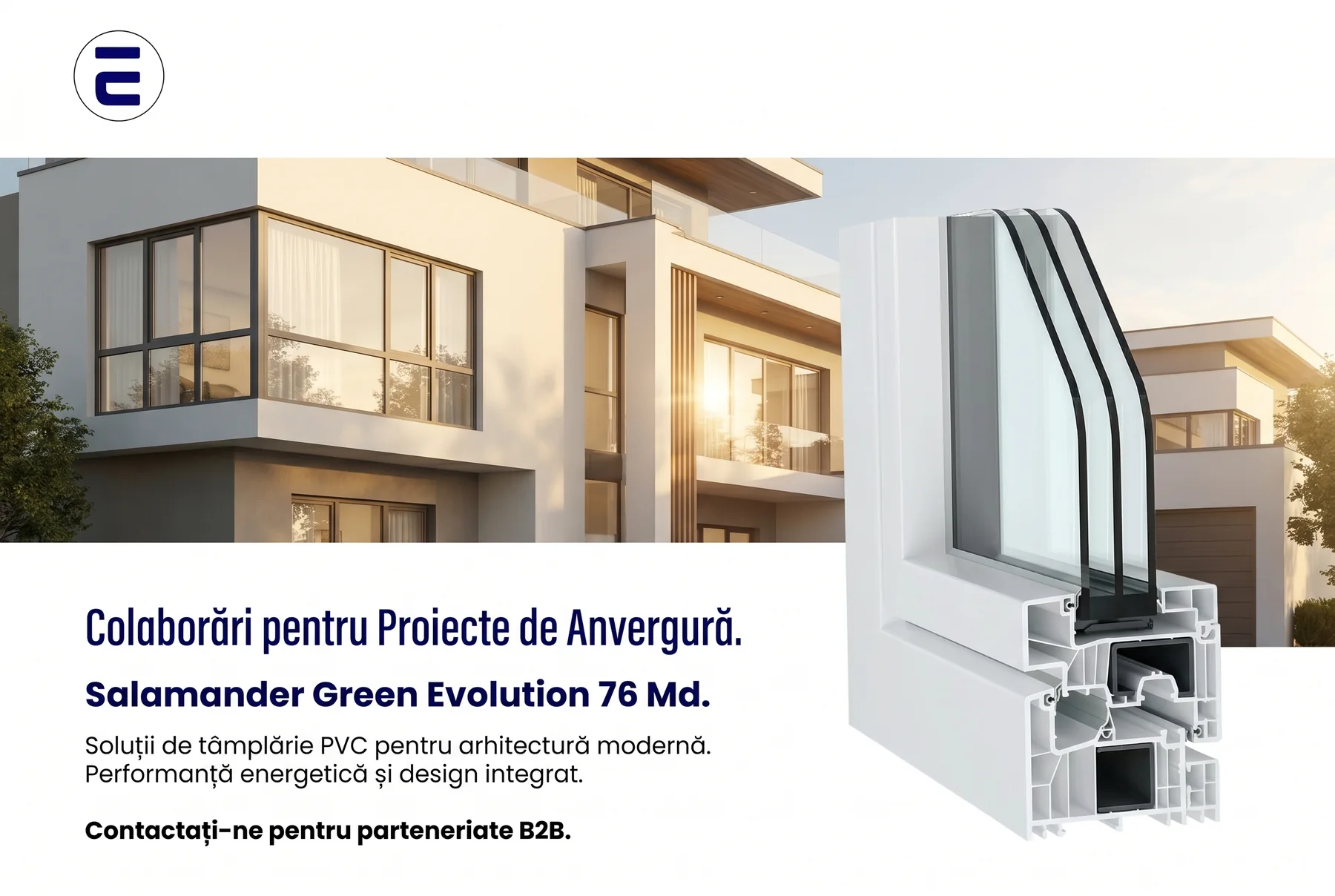 Postare Expert Glass cu profilul Salamander Green Evolution 76 în secțiune, peste o fațadă modernă