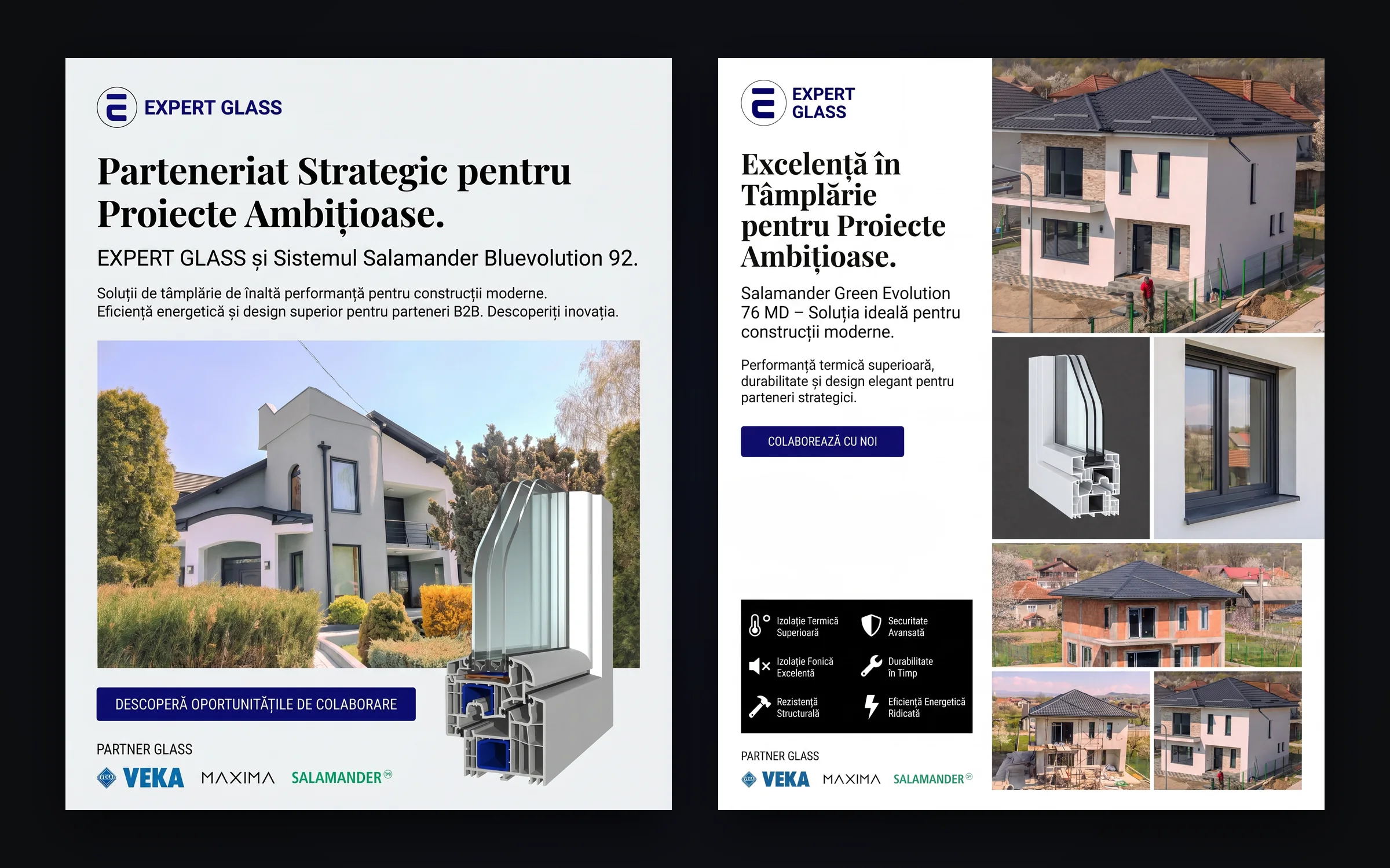 Două postări Expert Glass pentru parteneri B2B, cu profile Salamander și case unde s-a montat tâmplăria