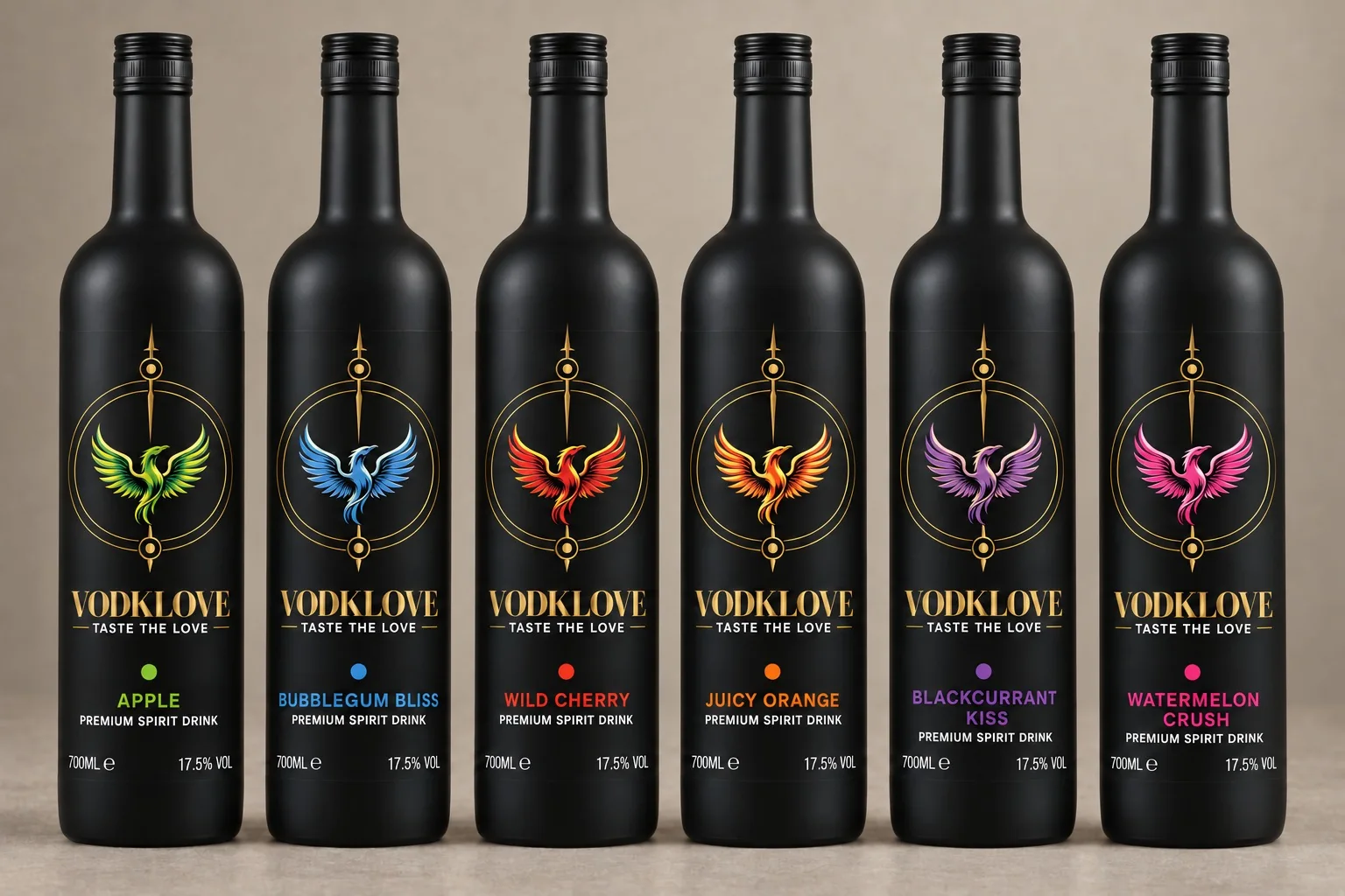 Șase sticle negre mate cu eticheta Phoenix, câte o culoare pentru fiecare aromă