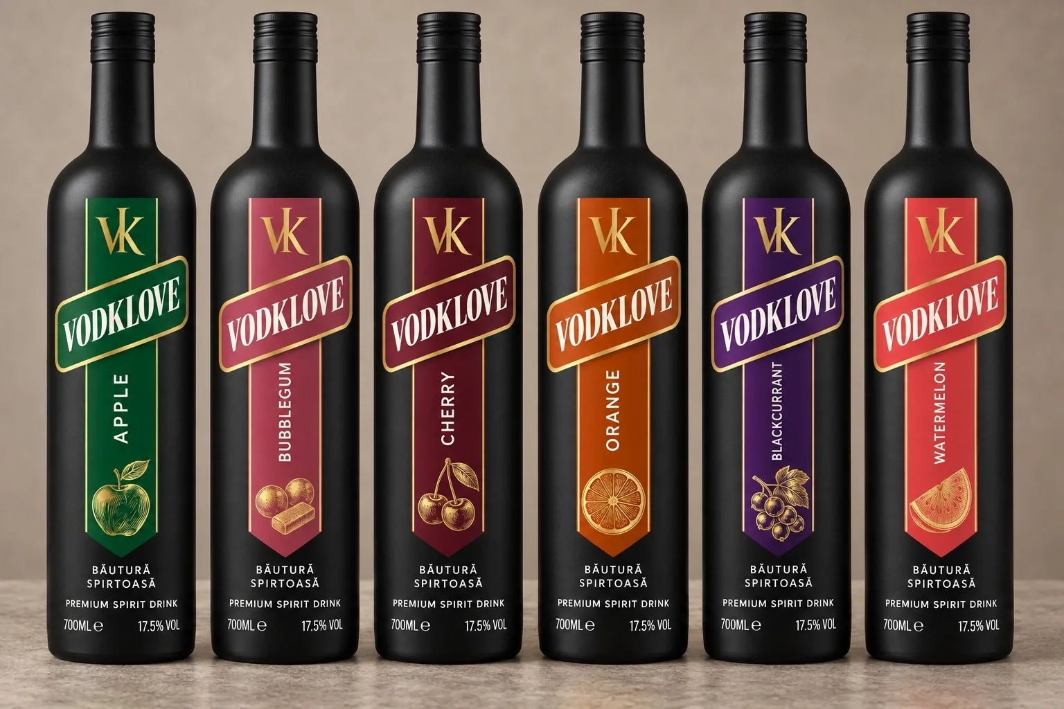 Șase sticle cu monograma VK și panglica colorată pe care scrie Vodklove