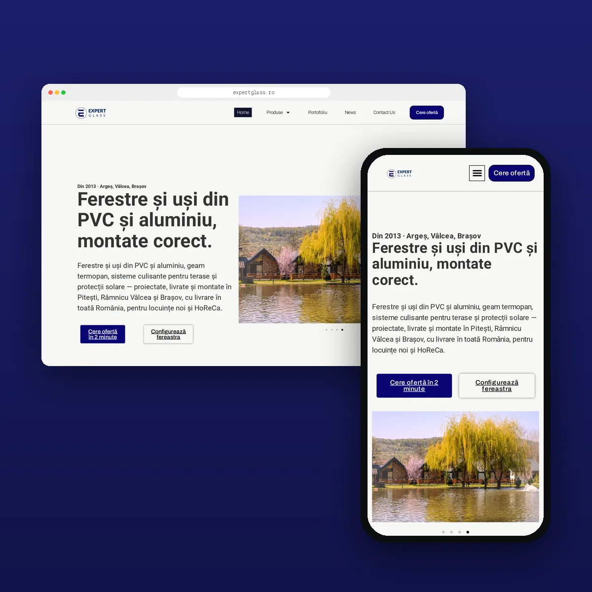 Site-ul Expert Glass pe desktop și pe telefon