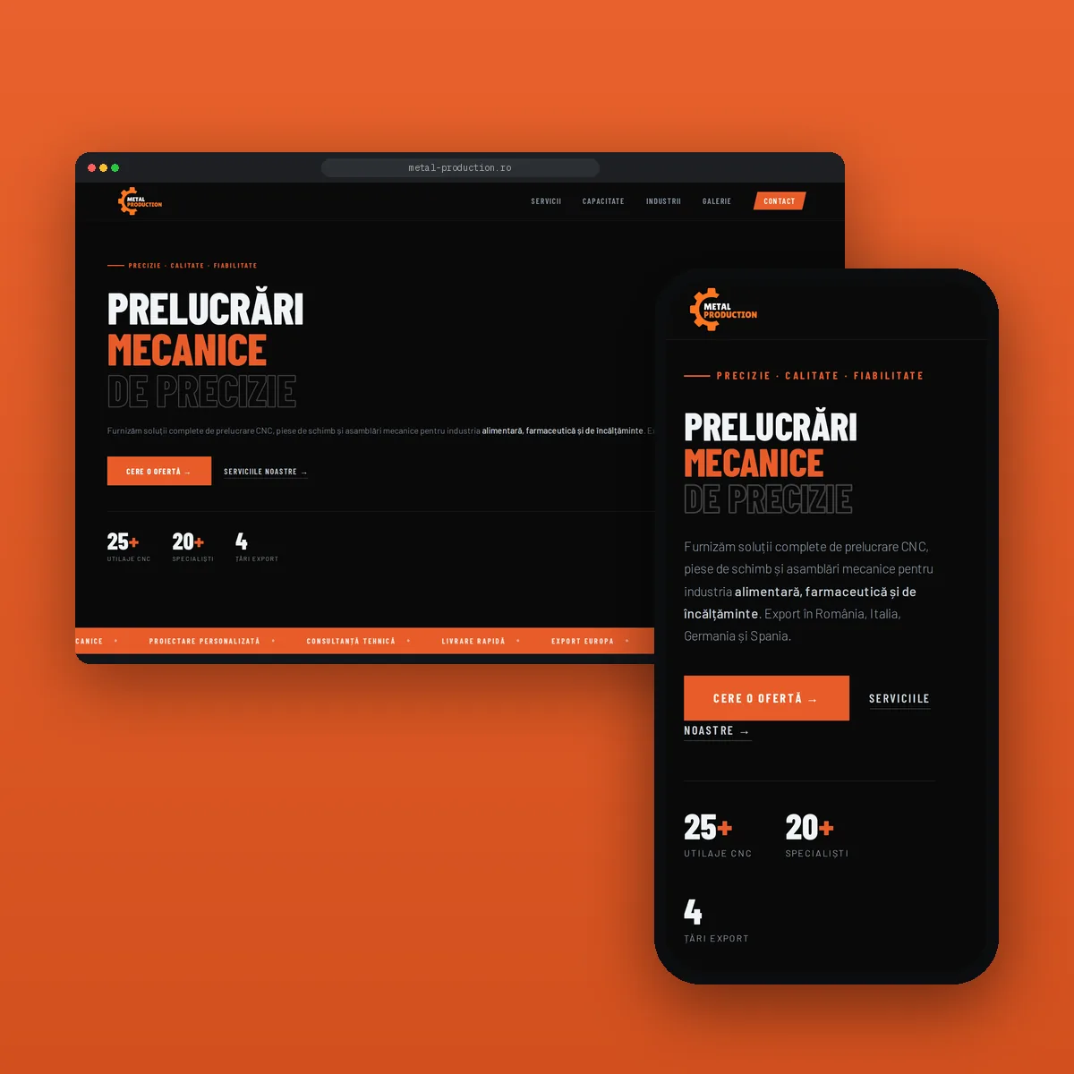 Site-ul Metal Production pe desktop și pe telefon