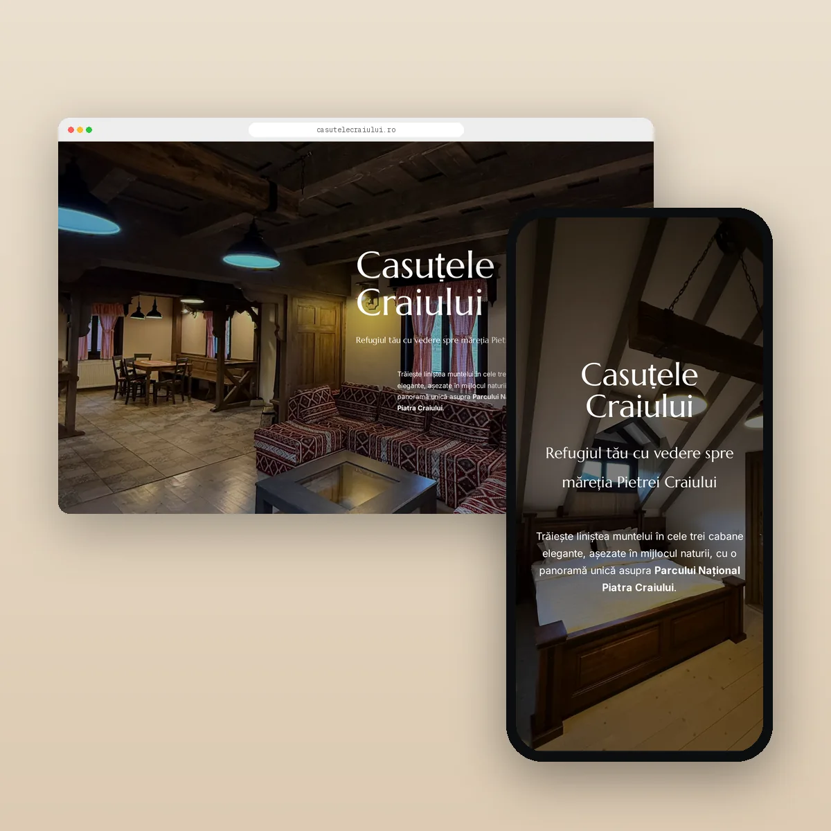 Site-ul Căsuțele Craiului pe desktop și pe telefon